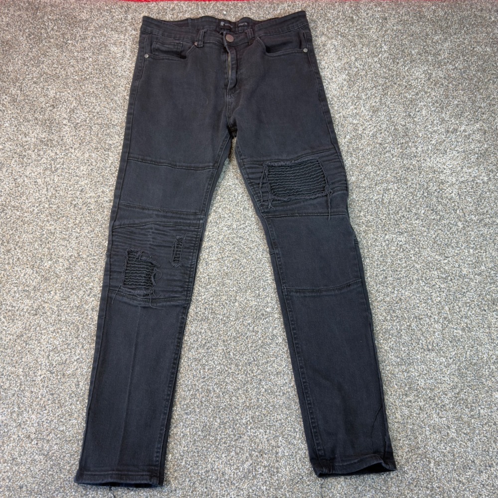 Waimea Mens Skinny Fit Moto Distressed Jeans Black Biker Denim 34 Streetwear